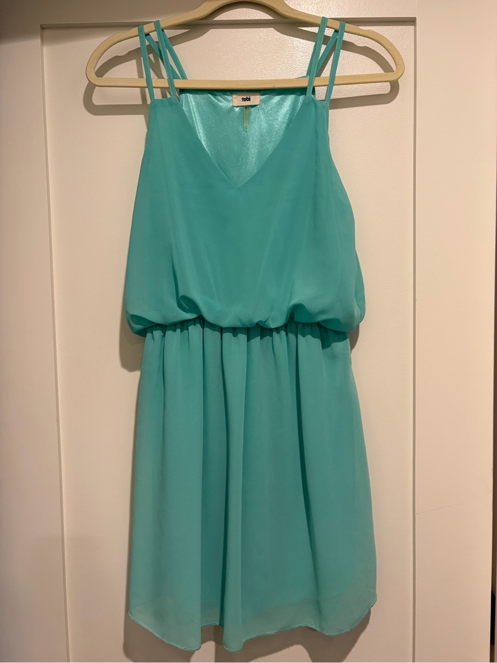 Tobi Teal Double-Strap V-Neck Blouson Mini Dress
